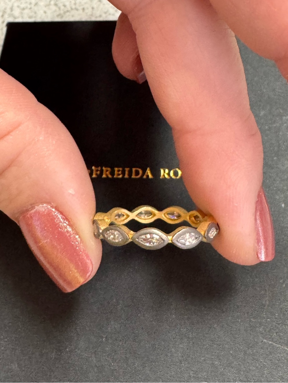 Freida Rothman Matte Gold and Rhodium Marquise Stacking Ring - Picture 4 of 4